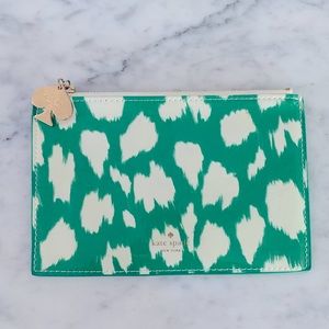 Kate Spade Ikat green + white print zippered pouch + spade gold charm